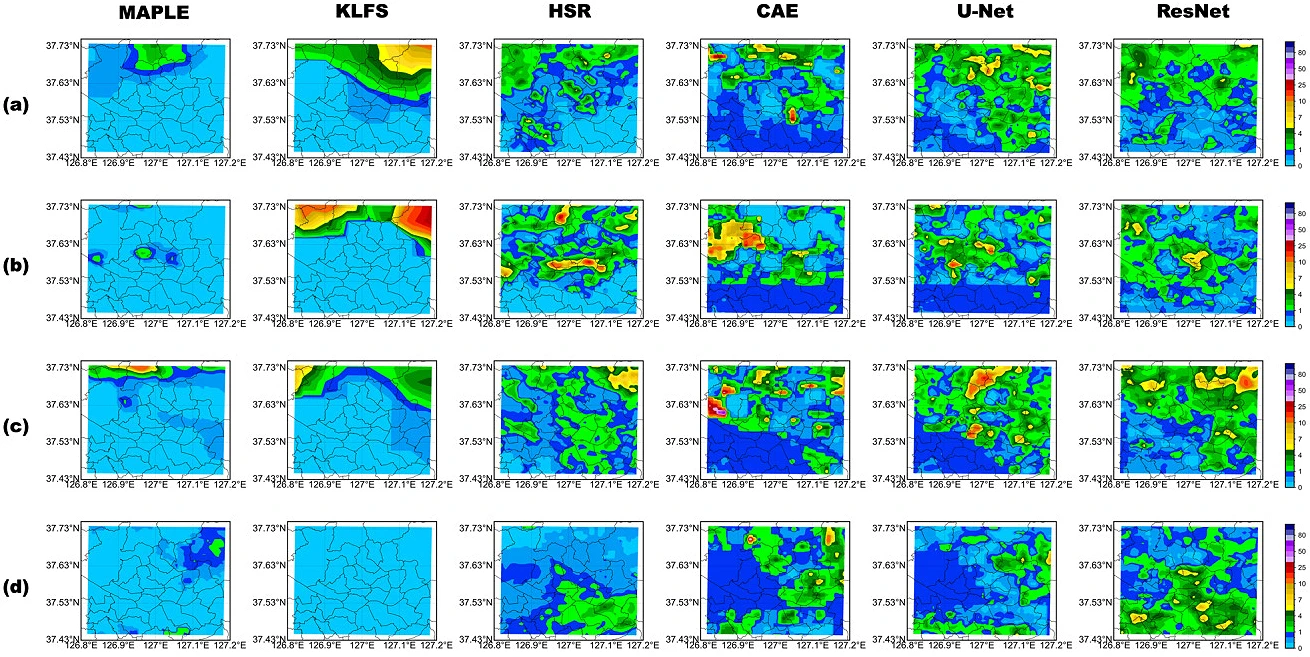그림 2. Comparison of rainfall fields produced by different model topologies for four selected events: (a) July 10, 2020, 12:00 LST; (b) July 29, 2020, 03:00 LST; (c) August 1, 2020, 07:00 LST; and (d) August 23, 2021, 15:00 LST