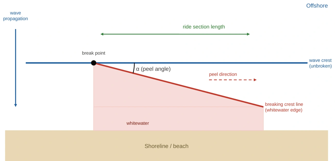 Figure 1. Geometric definition of surfing wave parameters. The peel angle α is defined between the unbroken wave crest and the breaking crest line (whitewater edge), and the ride section length is determined by the along-crest breaking speed.