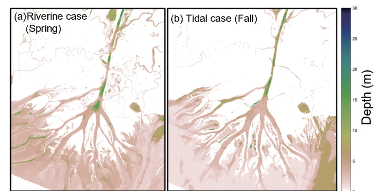 그림 2. AVIRIS-NG로 추정한 Wax Lake Delta의 수심 분포: (a) 2021년 봄, (b) 2021년 가을(Kwon et al., 2024, 2025). 그림 2. AVIRIS-NG로 추정한 Wax Lake Delta의 수심 분포: (a) 2021년 봄, (b) 2021년 가을(Kwon et al., 2024, 2025).